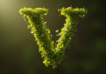 Naklejka premium A vibrant letter v formed from lush green foliage stands out against a blurred background, symbolizing nature, growth, and the beauty of organic forms in a captivating composition