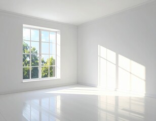 Fototapeta premium A bright, sunlit corner room with a large window showcasing greenery outside casts soft shadows on the white walls and polished floor.