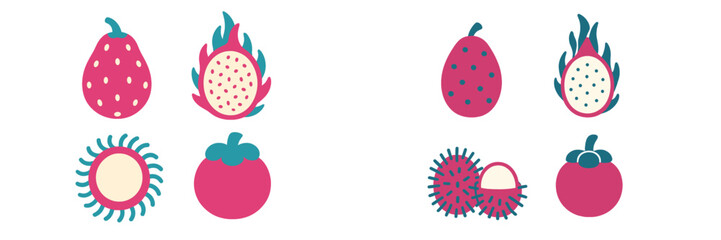 Vibrant colorful tropical fruits collection with dragon fruit, mangosteen, and rambutan on white background