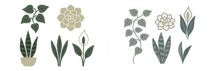 Assortment of stylized house plants including snake plant, peace lily, succulent, and leafy vines, perfect for interior design and botanical themes