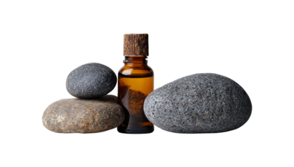 Essential oil bottle with zen stones isolated on transparent background, promoting relaxation and natural wellness