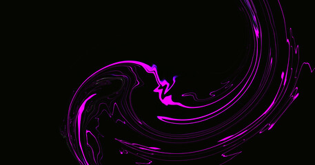 Neon purple pink liquid swirl wave on black background. Innovation technology. Art trippy digital screen. Template. Tech violet card. wavy line. Virtual Reality. Electric Fuchsia hue. Spiral pattern.