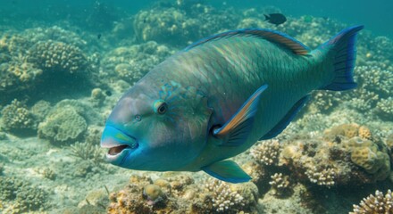 Fototapeta premium Colorful parrotfish swimming in ocean waters near coral reef