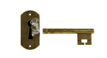 Old key and keyhole with smoke coming out isolated PNG with Transparent Background