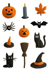 Set of Halloween icons with felt texture and embroidery look, including pumpkins, bats, cats, spiders and brooms on transparent background for seasonal design.