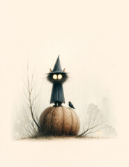 Halloween themed, Spooky Black Cat on a Pumpkin in a Mystical Landscap