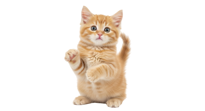 Isolated orange tabby kitten playfully standing on hind legs asking or demanding something
