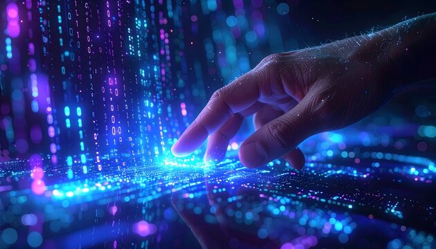 Hand tapping into vibrant digital data stream, exploring the future of technology with a modern, dynamic interface experience and glowing particles