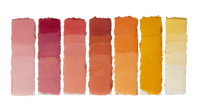 Watercolor paint swatches in various shades of pink, red, orange, and yellow isolated on transparent background