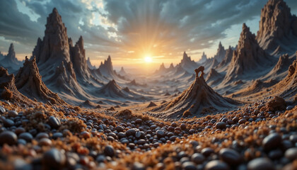 Surreal landscape with rocky peaks and glowing sunrise over a sandy terrain filled with smooth pebbles, creating a fantasy world with detailed textures and artistic lighting