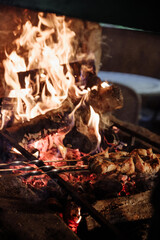 Grilled meat on skewers over a roaring fire