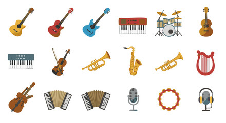 Music instruments icons set flat colorful vector isolated