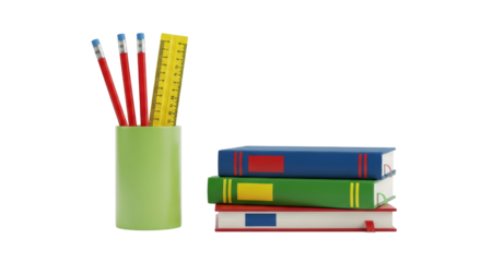 Isolated colorful books, pencils and a ruler, education and office supplies on a table