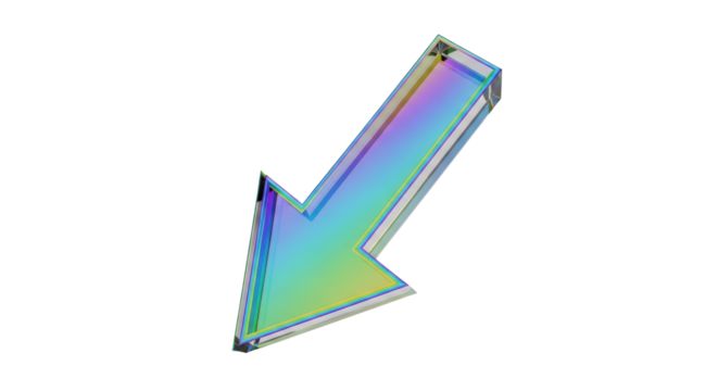 Isolated pointing down arrow, shiny prism shape, translucent, colorful, direction marker icon