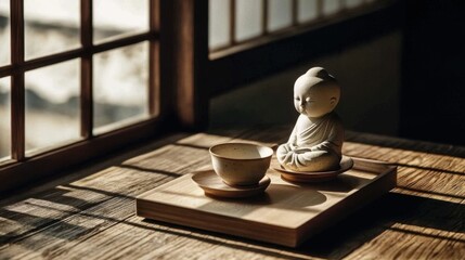 Serene tea ceremony with meditative statue japanese tea house still life cozy atmosphere natural light zen concept