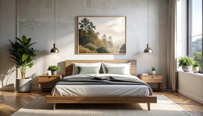 Fototapeta premium Sunlit minimalist master bedroom interior featuring a wooden bed, concrete accent wall, and lush indoor plants for a tranquil and modern living space