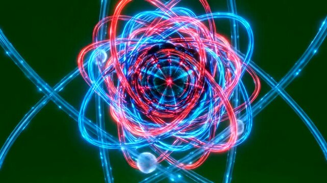 A stylized, glowing representation of an atomic structure against a dark green backdrop.