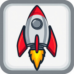 Cartoon rocket ship launching upwards with bright orange and yellow flames, framed in a rounded square.