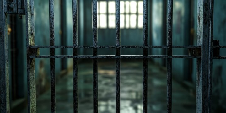 Interior of old, abandoned jail cell with dark hallway and rusty bars. Grimy, worn-down vintage design.