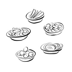 Line art illustration of Mexican food - five plates with appetizers.