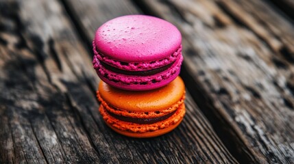 Colorful macarons stacked on rustic wooden surface gourmet dessert photography artisanal treats