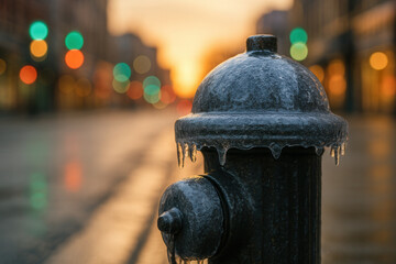 Fototapeta premium Iced Fire Hydrant at Sunrise With Glittering Street