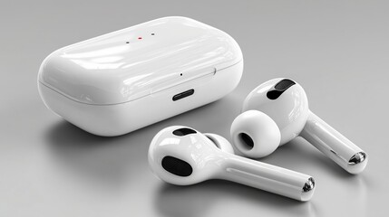 Sleek wireless earbuds mockup on white background, charging case, modern audio device, tech accessory