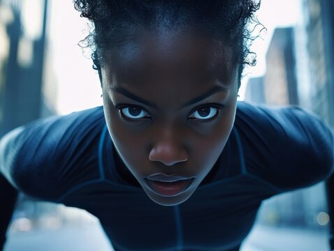 A young, focused athlete in a sportswear outfit, demonstrating concentration and strength in a gym.