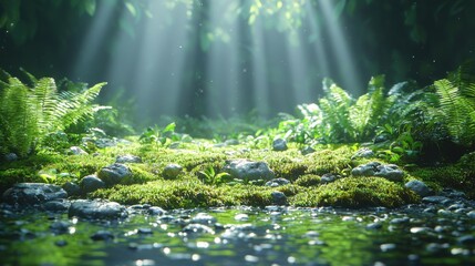 Tranquil stream enhancing lush greenery forest nature scene serene environment ground level peaceful atmosphere