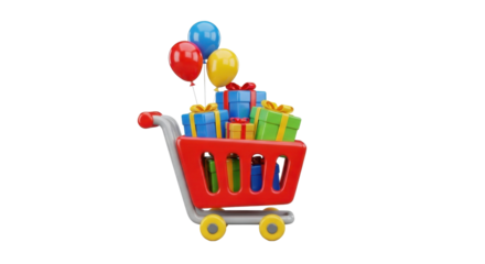 A red shopping cart overflowing with colorful gifts and balloons.