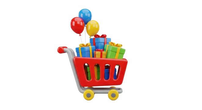 A red shopping cart overflowing with colorful gifts and balloons.