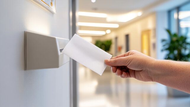 Government employee depositing sealed anonymous feedback envelope into secure dropbox in formal corridor setting. Survey research answer checklist