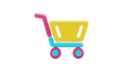 Colorful 3D shopping cart icon, online retail symbol, purchase, consumerism.