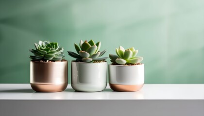 Three succulents in small pots, arranged in a row on a white shelf against a soft mint green backdrop.