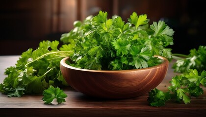 Fototapeta premium fresh parsley in wooden bowls a culinary delight flavorful ingredient for recipes