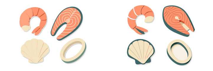 Stylized fresh seafood items including shrimp, salmon steak, scallop shell, and calamari rings arranged for a culinary theme