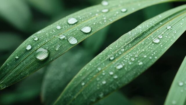Delicate water droplets resting on verdant green leaves, revealing intricate natural patterns and serene botanical beauty during morning light