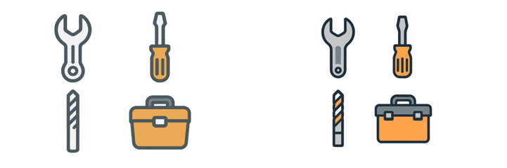 Collection of essential hand tools for repair and construction work including wrench screwdriver drill bit and toolbox