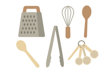 Essential kitchen utensils collection featuring a grater, whisk, various spoons, tongs, and measuring spoons for cooking and baking