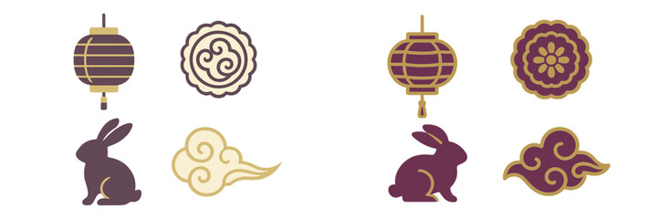 Traditional Mid-Autumn Festival elements featuring decorative lanterns, ornate mooncakes, cute rabbits, and auspicious clouds in a festive design