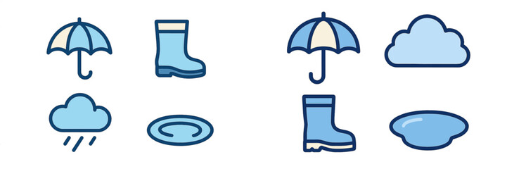 Vibrant collection of blue weather icons featuring umbrellas, rain boots, clouds with rain, and puddles on a clean white background