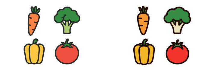 Assorted fresh vegetable icons including carrot broccoli bell pepper and tomato for healthy eating concepts
