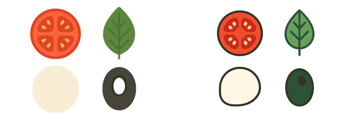 Fresh Italian food ingredients set with tomato, basil, mozzarella, and olive slices for cooking and healthy eating