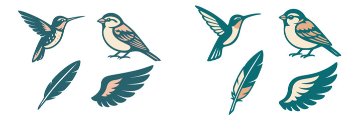 Stylized collection of various birds including hummingbirds and sparrows with individual feathers and wings