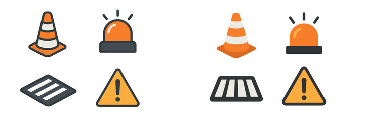 Road safety and warning symbols with traffic cones, flashing lights, crosswalks, and caution signs