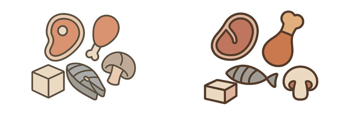 Assortment of protein rich food items including beef steak, chicken drumstick, fish, tofu, and mushroom