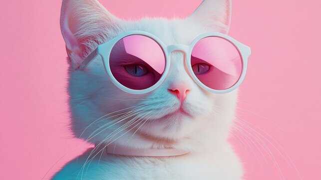 Pink and white cat with blue eyes wearing retro sunglasses on a pink background.
