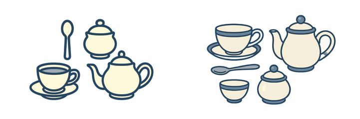 Assortment of ceramic teapots, coffee cups, saucers, sugar bowls, and spoons for a traditional hot beverage service