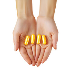 Female Hands Holding Yellow Capsules - Medical Concept Image