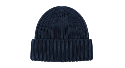 Isolated dark-blue knitted beanie hat for cold weather, comfortable and stylish headwear